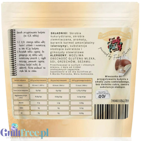 Tylna etykieta budyniu bez cukru Guiltfree Funky Pudding Kiddy Chocolate z tabelą wartości odżywczych i składem