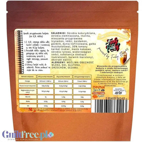 Opakowanie budyniu Guiltfree Funky Pudding Pumpkin Spice z widocznym składem, tabelą wartości odżywczych i instrukcją.