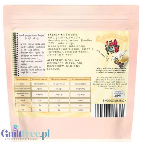Opakowanie budyniu bez cukru Guiltfree Funky Pudding Simply Vanilla z widoczną tabelą wartości odżywczych i składem.