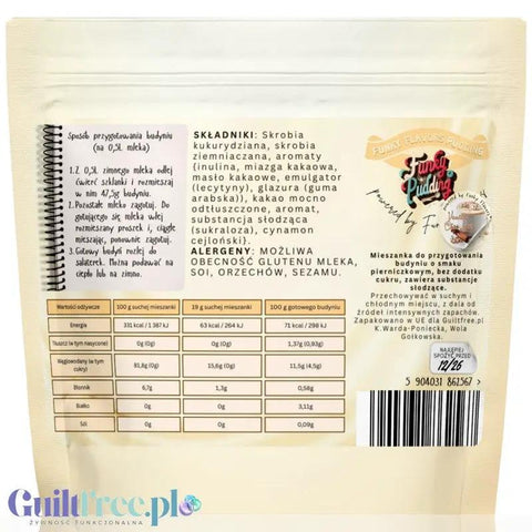 Opakowanie budyniu Guiltfree Funky Pudding Vanilla Chai z tabelą wartości odżywczych i instrukcją przygotowania