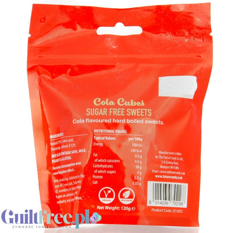 Tylna strona opakowania Guiltfree Future Candy Cola Cubes z informacjami o składzie i wartościach odżywczych