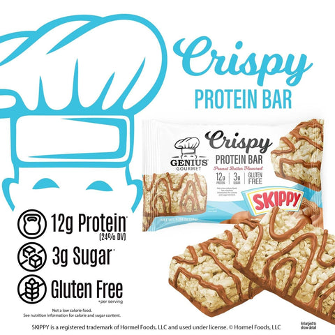 Guiltfree Genius Gourmet Crispy Protein Bar o smaku masła orzechowego Skippy z widoczną chrupiącą strukturą