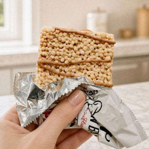 Dłoń trzymająca chrupiący baton proteinowy Guiltfree Genius Gourmet o smaku masła orzechowego Skippy w otwartym opakowaniu