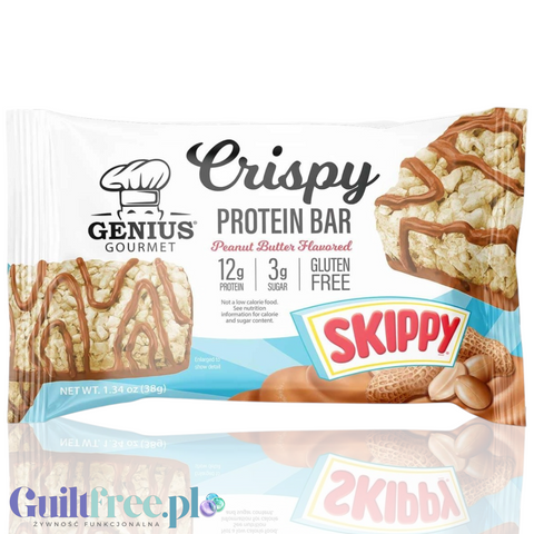 Opakowanie batona proteinowego Guiltfree Genius Gourmet Skippy Peanut Butter z widocznym chrupiącym batonem