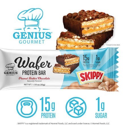 Guiltfree Genius Gourmet Wafer Protein Bar Skippy Peanut Butter Chocolate w przekroju z widocznymi warstwami wafla