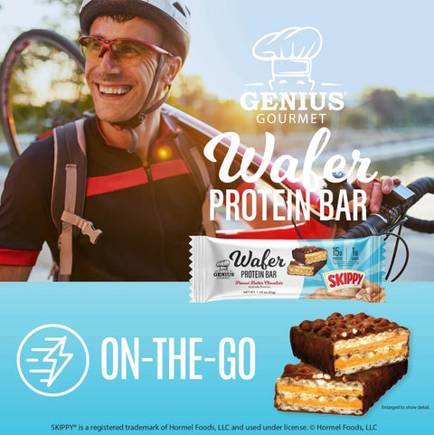 Guiltfree Genius Gourmet Wafer Protein Bar Skippy Peanut Butter Chocolate z widocznym przekrojem wafelka i rowerzystą