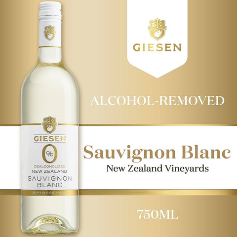 Butelka bezalkoholowego wina Giesen 0% Sauvignon Blanc z Nowej Zelandii na złotym tle marki Guiltfree