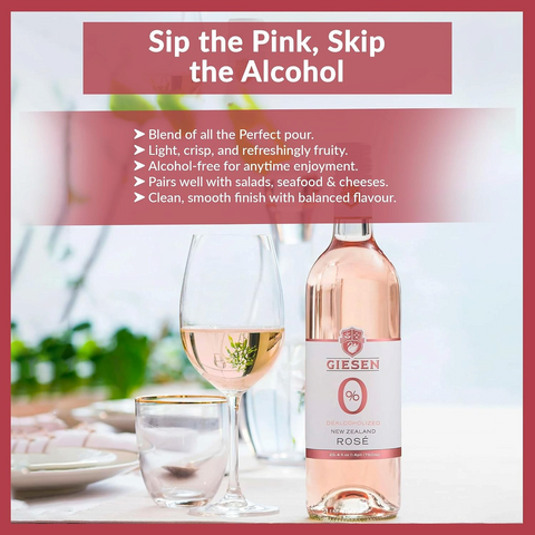 Butelka wina Guiltfree Giesen 0% Rosé obok kieliszka z różowym trunkiem na jasnym, letnim stole.