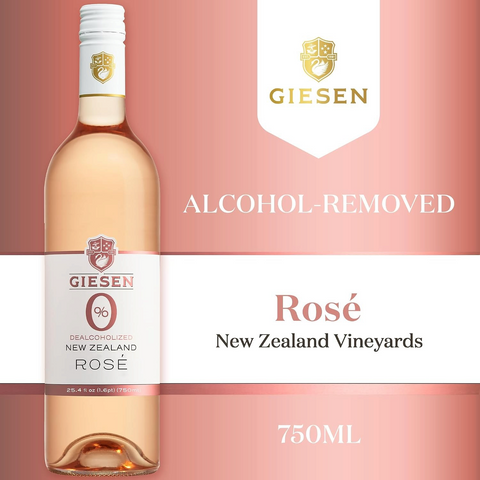 Butelka wina różowego Guiltfree Giesen 0% Rosé, dealkoholizowane wino z Nowej Zelandii o jasnoróżowej barwie.