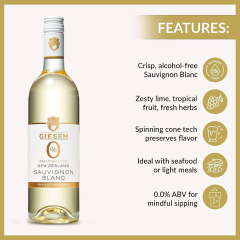 Butelka bezalkoholowego wina Guiltfree Giesen Sauvignon Blanc 0% z Nowej Zelandii z listą kluczowych cech produktu.