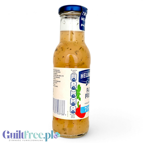 Szklana butelka Guiltfree Hellmann’s Fat Free Vinaigrette z widocznymi ziołami i czerwoną papryką na białym tle.