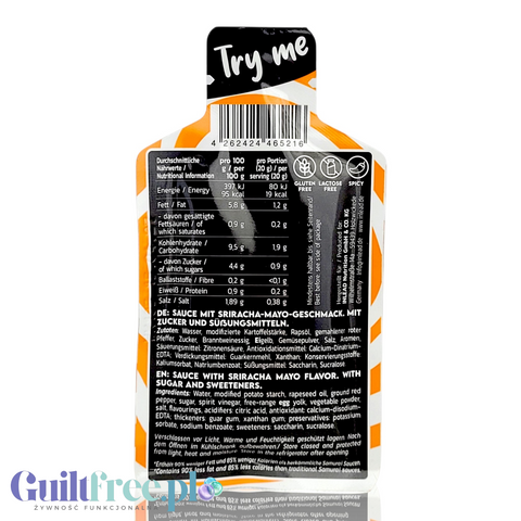 Saszetka Guiltfree Inlead Premium Sriracha Mayo z tabelą wartości odżywczych i informacjami o składzie na odwrocie