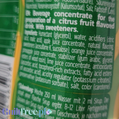 Etykieta Guiltfree Inlead Squeeze Syrup Ipanema Sun z informacjami o składzie koncentratu bez cukru