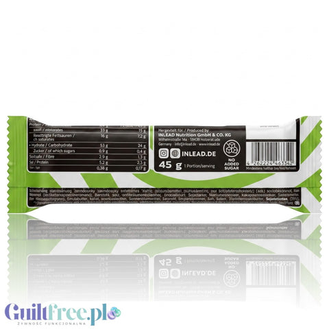Tył opakowania wegańskiego wafelka Inlead Wafer Bar Pistachio z Guiltfree, widoczna tabela wartości odżywczych.