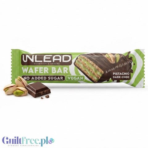 Wegański wafelek Inlead z kremem pistacjowym w gorzkiej czekoladzie bez cukru, dostępny w sklepie Guiltfree.