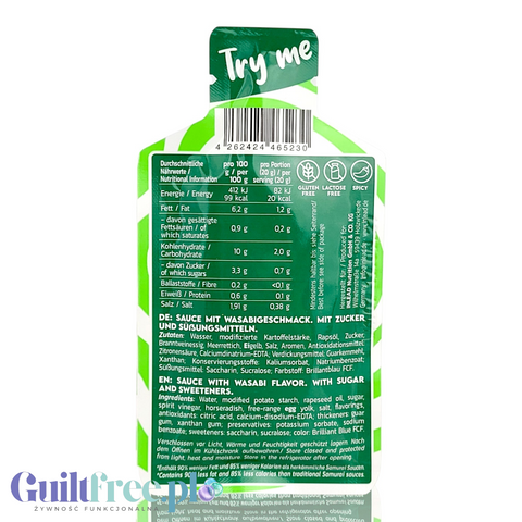 Tylna strona saszetki Guiltfree Inlead Premium Sauce Wasabi Mayo z tabelą wartości odżywczych i składem produktu.