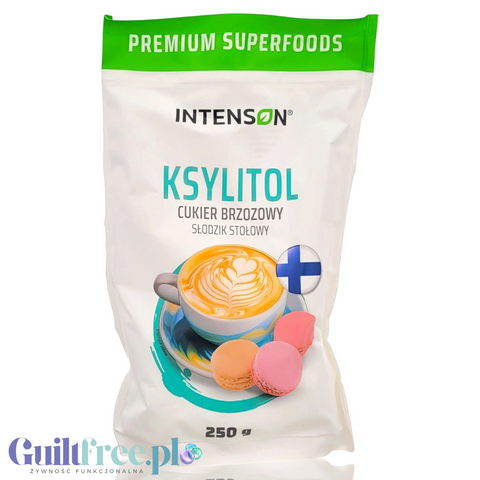 Opakowanie Guiltfree Intenson Ksylitol Danisco z Finlandii 250g z grafiką kawy i makaroników