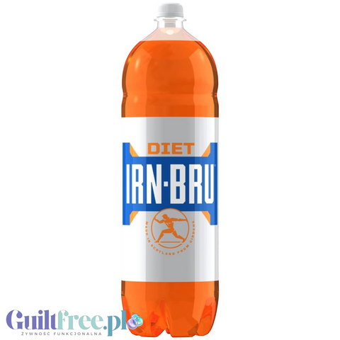 Butelka napoju gazowanego Guiltfree Irn Bru Diet o pojemności 2 litrów z charakterystyczną pomarańczową etykietą.