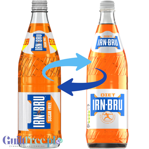 Guiltfree Irn Bru Diet w szklanej butelce 750ml, kultowy szkocki napój gazowany bez cukru o pomarańczowym kolorze