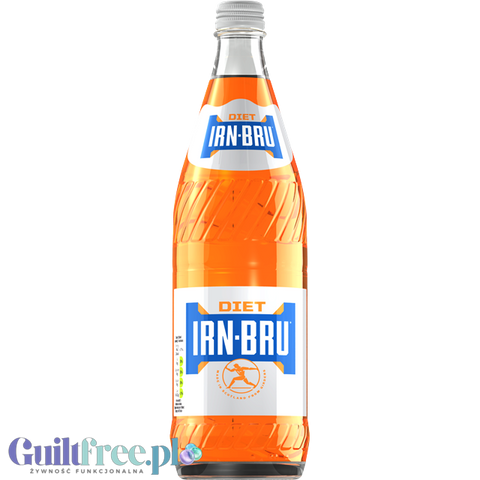 Guiltfree szklana butelka napoju gazowanego Irn Bru Diet o charakterystycznym pomarańczowym kolorze bez cukru