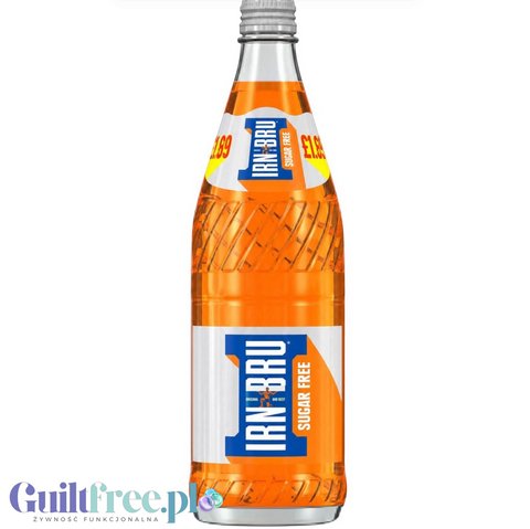 Guiltfree Irn Bru Diet w szklanej butelce 750ml, kultowy szkocki napój gazowany bez cukru o pomarańczowym kolorze.