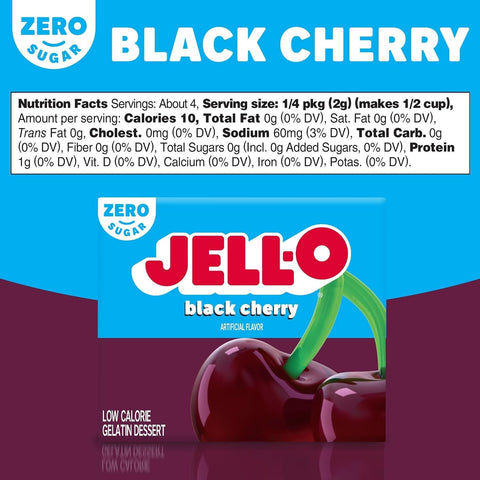 Opakowanie galaretki Guiltfree Jell-O o smaku czarnej wiśni bez cukru z informacją o niskiej zawartości kalorii