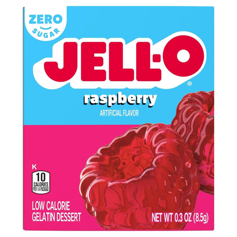 Opakowanie galaretki Jell-O Raspberry od Guiltfree, bez cukru, o smaku malinowym, 10 kcal w porcji.