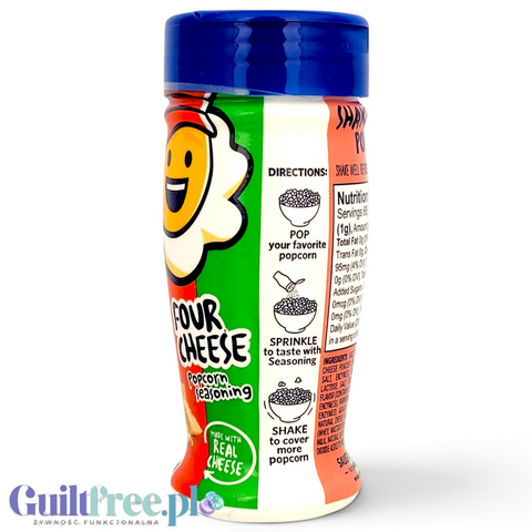 Przyprawa Guiltfree Kernel Season's Four Cheese w plastikowym shakerze z kolorową etykietą i opisem zastosowania