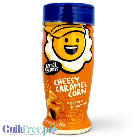 Przyprawa do popcornu Guiltfree Kernel Season's Cheesy Caramel w pomarańczowej butelce o smaku sera i karmelu
