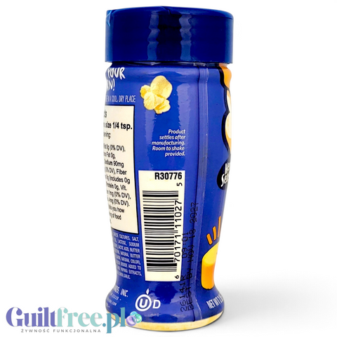 Puszka przyprawy Guiltfree Kernel Season's Sharp Cheddar z widocznym składem i kodem kreskowym na niebieskim tle