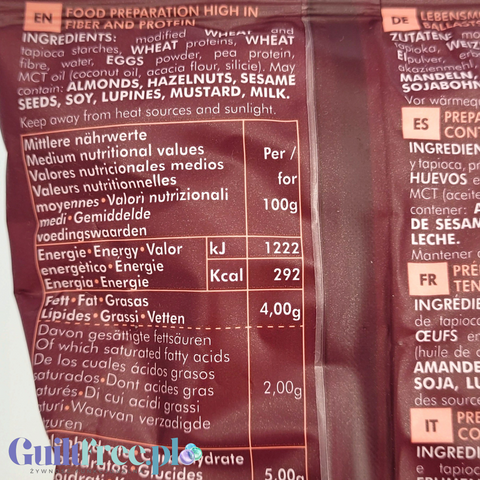 Tabela wartości odżywczych na opakowaniu makaronu Guiltfree Keto One Fusilli z informacją o wysokiej zawartości białka
