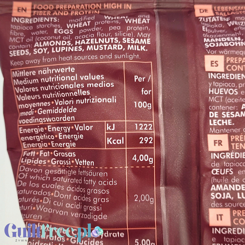 Tabela wartości odżywczych na opakowaniu makaronu Guiltfree Keto One Sedani z informacją o wysokiej zawartości błonnika