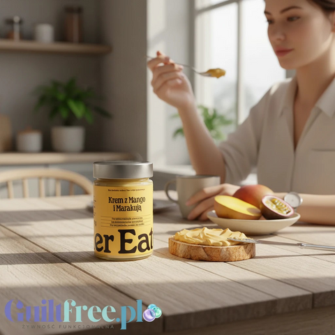 Krem Guiltfree Finer Eaters z mango i marakują w słoiku na stole obok kromki chleba i świeżych owoców egzotycznych