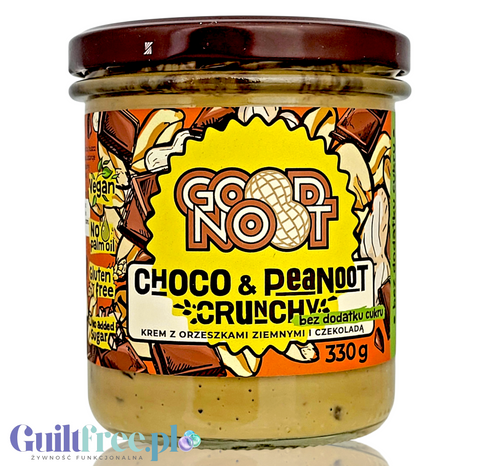 Słoik kremu orzechowo-czekoladowego Good Noot Choco & Peanoot Crunchy od Guiltfree, bez dodatku cukru, 330g.