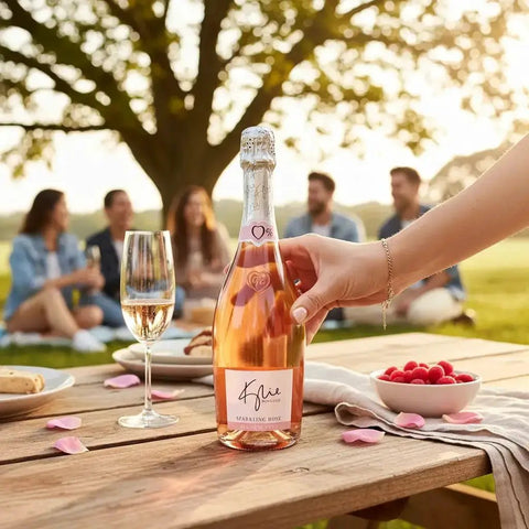 Butelka bezalkoholowego wina musującego Kylie Minogue Sparkling Rose trzymana w dłoni na pikniku w stylu Guiltfree