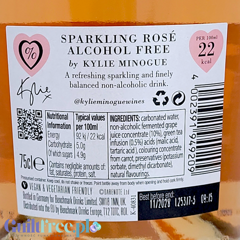 Etykieta bezalkoholowego wina musującego Kylie Minogue Sparkling Rose z informacjami o wartościach odżywczych Guiltfree
