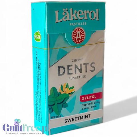 Opakowanie Guiltfree Läkerol Dents Sweetmint, bezcukrowe pastylki miętowe z ksylitolem w turkusowym pudełku
