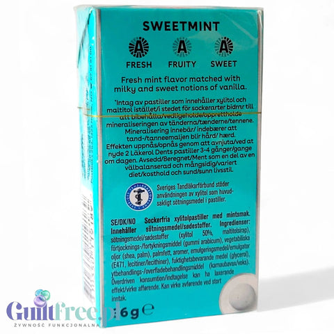 Tył opakowania pastylek Guiltfree Läkerol Dents Sweetmint z informacjami o składzie i 50% zawartości ksylitolu