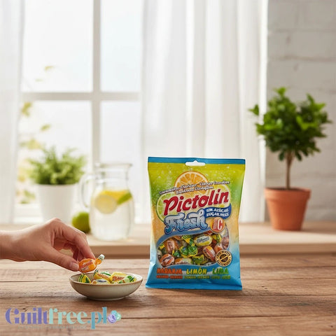 Guiltfree landrynki Pictolin Fresh bez cukru o smaku cytryny, pomarańczy i limonki w opakowaniu 65g na stole