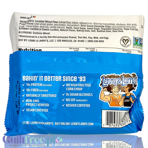 Tył opakowania wegańskiego ciastka proteinowego Lenny & Larry's Chocolate Chip z Guiltfree z informacjami o składzie