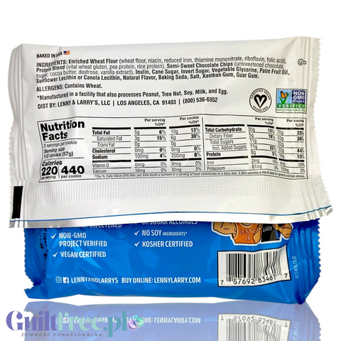Tabela wartości odżywczych na opakowaniu wegańskiego ciastka proteinowego Lenny & Larry's Chocolate Chip od Guiltfree