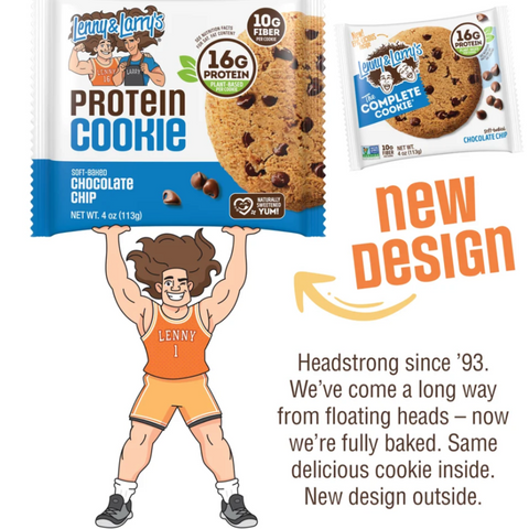 Wegańskie ciastko proteinowe Lenny & Larry's Chocolate Chip w opakowaniu Guiltfree z grafiką maskotki