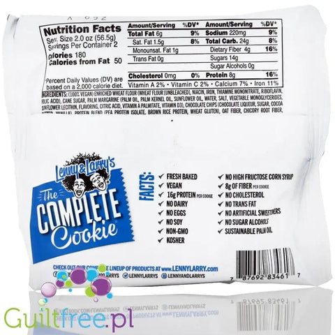 Tabela wartości odżywczych Guiltfree Lenny & Larry's Complete Cookie z informacjami o składnikach i certyfikatach