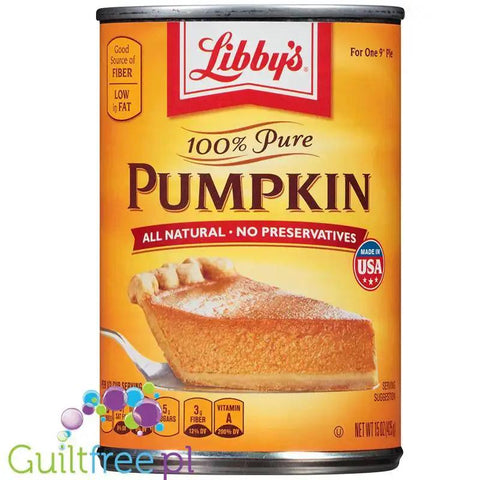 Guiltfree Libby's 100% czyste puree z dyni w puszce 422g z grafiką kawałka ciasta dyniowego na etykiecie