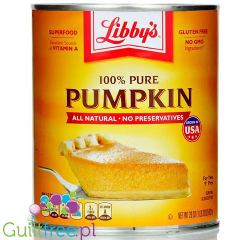Puszka Guiltfree Libby's Pumpkin Puree 822g z grafiką ciasta dyniowego, 100% naturalny miąższ z dyni bez dodatków
