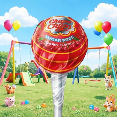 Guiltfree lizak bez cukru Chupa Chups o smaku wiśniowym w kolorowym opakowaniu na tle placu zabaw