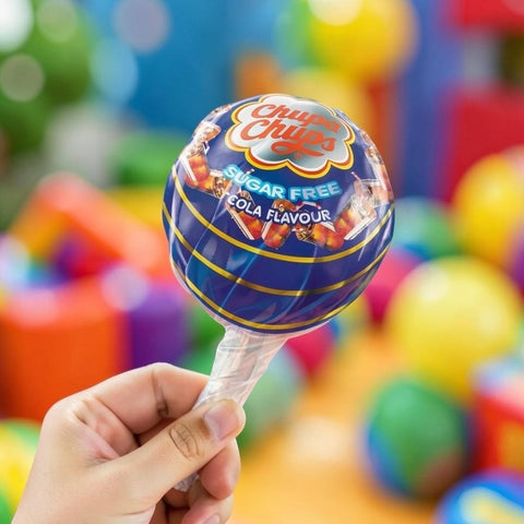 Lizak Guiltfree Chupa Chups bez cukru o smaku coli w niebieskim opakowaniu trzymany w dłoni na kolorowym tle