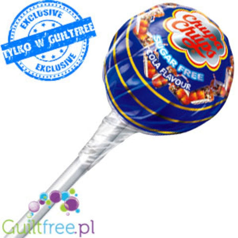 Lizak Guiltfree Chupa Chups bez cukru o smaku coli w niebieskim opakowaniu z logo marki