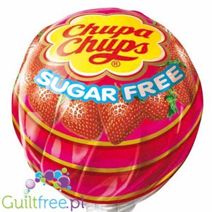 Lizak Guiltfree Chupa Chups bez cukru o smaku truskawkowym w czerwonym opakowaniu z logo marki