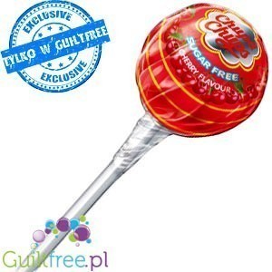 Lizak wiśniowy bez cukru Guiltfree Chupa Chups w czerwonym opakowaniu z logo marki